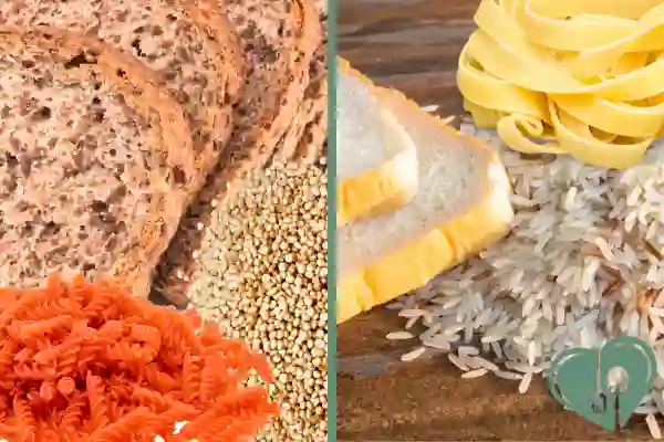 Comparison of low-GI carbs (whole grain bread, quinoa, red lentil pasta) on the left vs high-GI carbs (white bread, white rice, egg noodles) on the right.