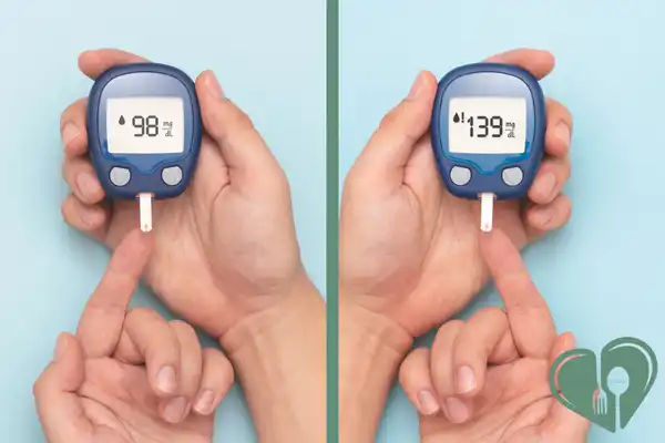 Side-by-side blood glucose meter readings showing stable (98 mg/dL) and slightly elevated (139 mg/dL) levels