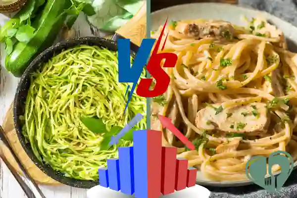 Side-by-side comparison of zucchini noodles versus traditional pasta with chicken, symbolizing a healthy low-carb alternative