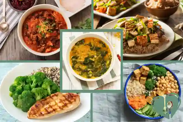Collage of five diabetic-friendly meal prep recipes including turkey chili, lentil soup, grilled chicken, tofu stir fry, and chickpea Buddha bowl