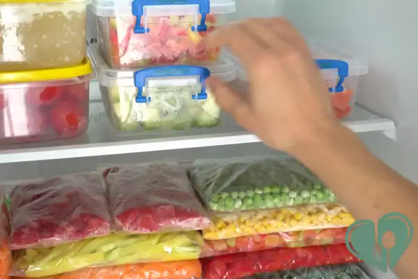 Organized freezer with airtight containers and frozen vegetables for diabetic meal prep