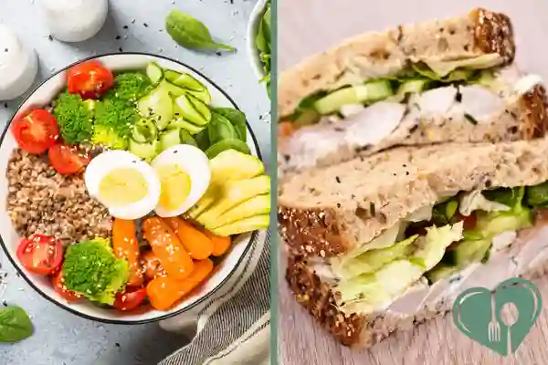 Healthy diabetic-friendly lunch options – a colorful veggie grain bowl with boiled eggs and a whole grain chicken sandwich.
