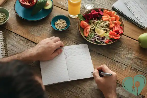 Person writing healthy lunch tips with a balanced salad and fresh ingredients on the table