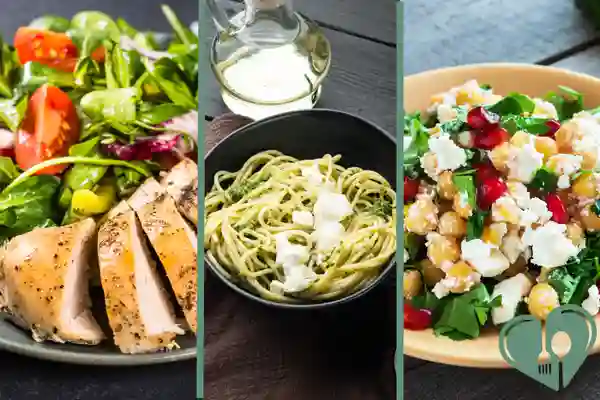 Three healthy diabetic-friendly lunches: spinach chicken salad, light pesto pasta, and chickpea feta salad with pomegranate.