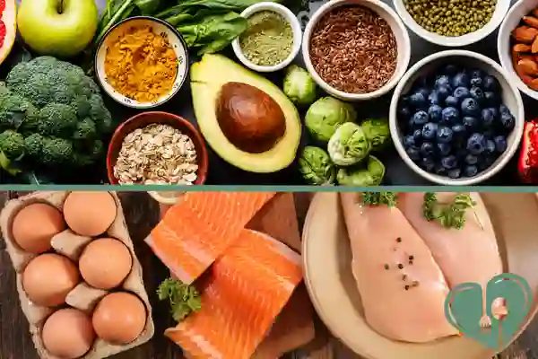 Whole food ingredients for diabetics including vegetables, fruits, seeds, salmon, eggs, and chicken breast