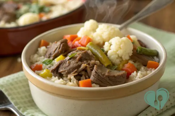 Low-carb beef and cauliflower rice bowl with colorful vegetables, diabetic-friendly crockpot meal served warm in a ceramic bowl