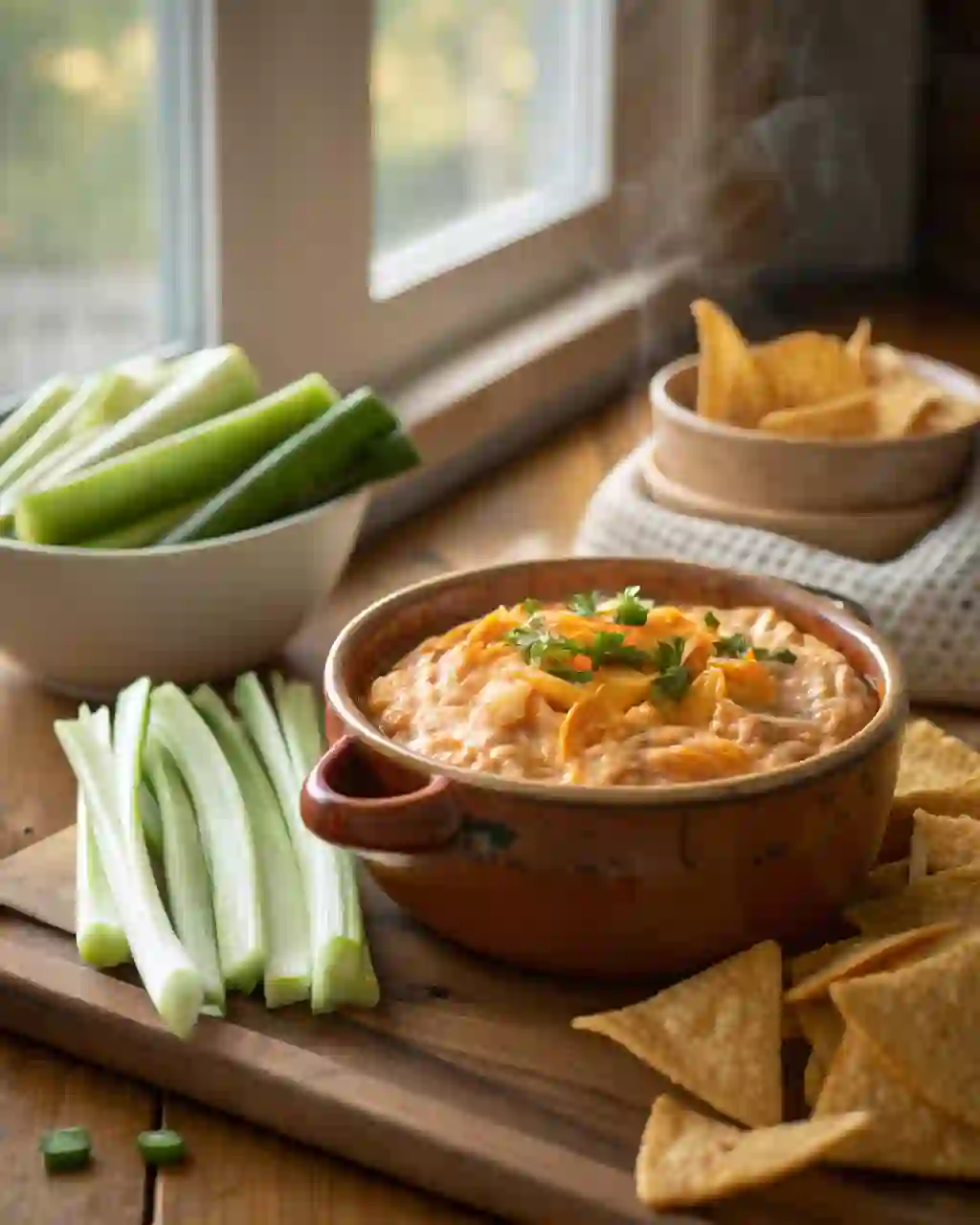 Creamy buffalo chicken crockpot dip in a rustic bowl, topped with melted cheese and parsley, served with celery sticks, cucumber slices, and tortilla chips.