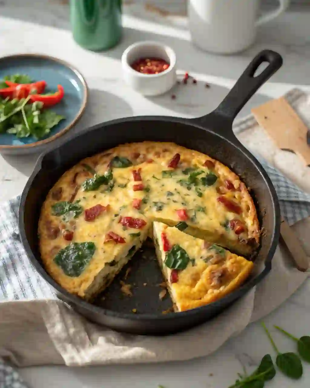 Top-down view of a freshly cooked Crockpot Breakfast Frittata in a cast iron skillet, filled with spinach, peppers, and melted cheese