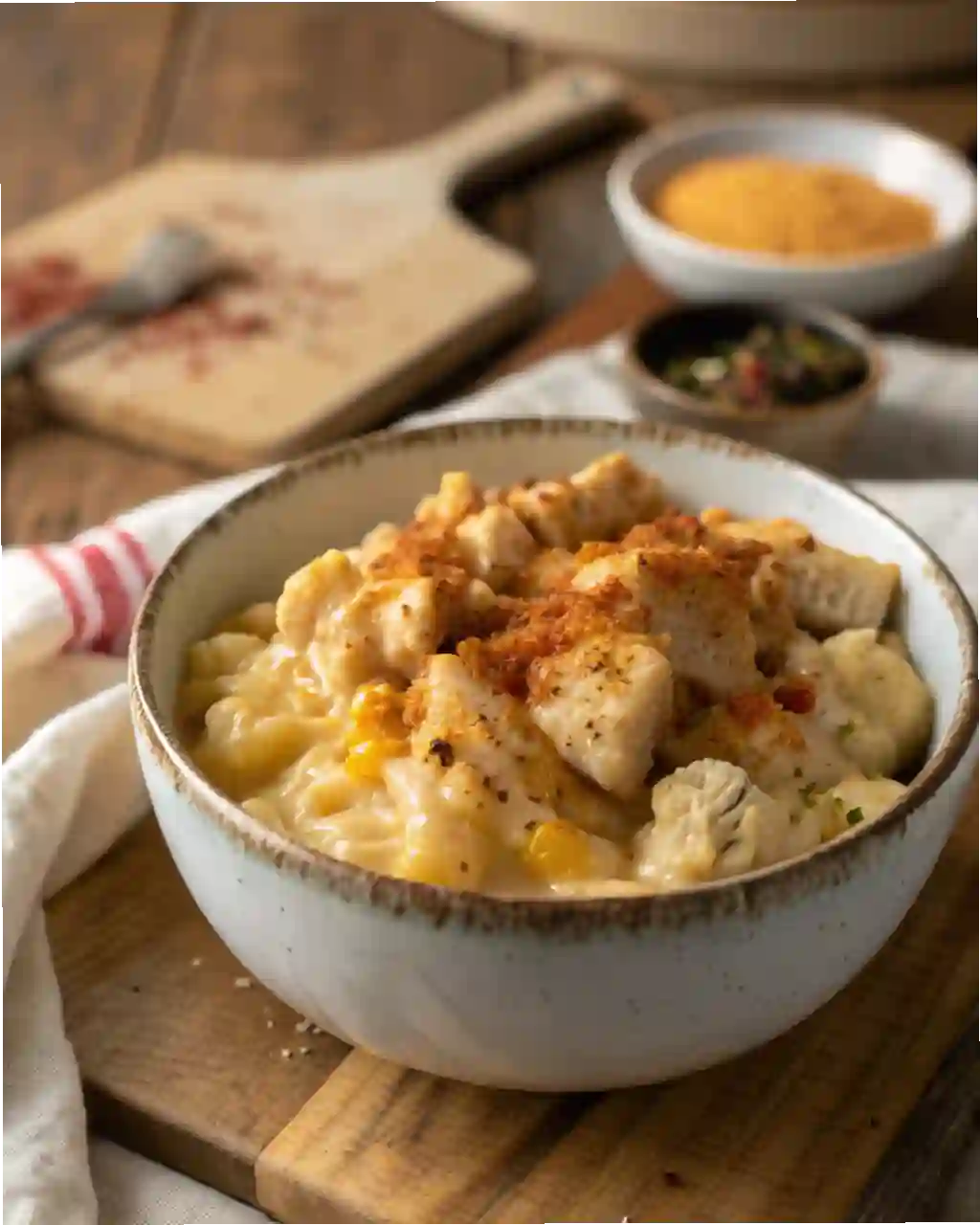 A creamy bowl of Crockpot Cauliflower Mac and Cheese with Chicken topped with golden melted cheese and paprika, served on a wooden board.