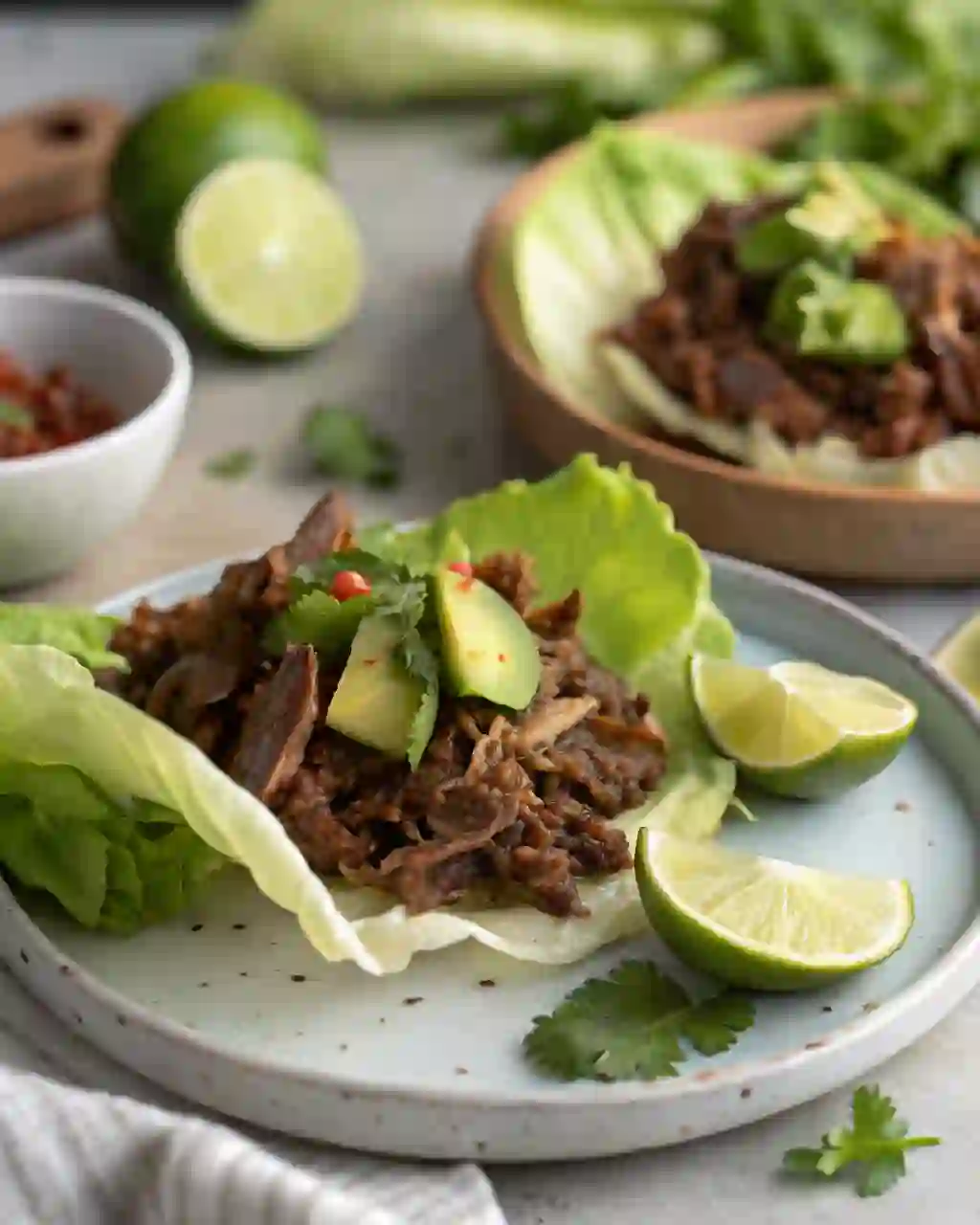 slow-cooked shredded beef wrapped in crisp lettuce leaves with avocado, lime wedges, and cilantro on a rustic table