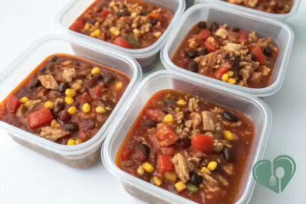 High-protein crockpot turkey chili stored in freezer-safe containers with corn, tomatoes, and beans for diabetic-friendly meal prep.