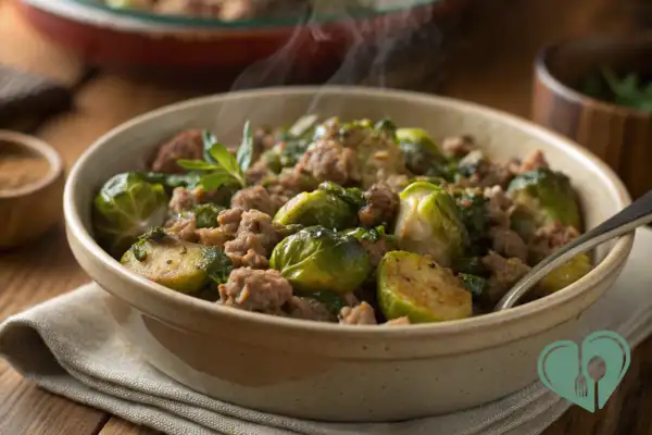 Crockpot turkey and Brussels sprouts low-carb diabetic-friendly dinner served warm in a ceramic bowl