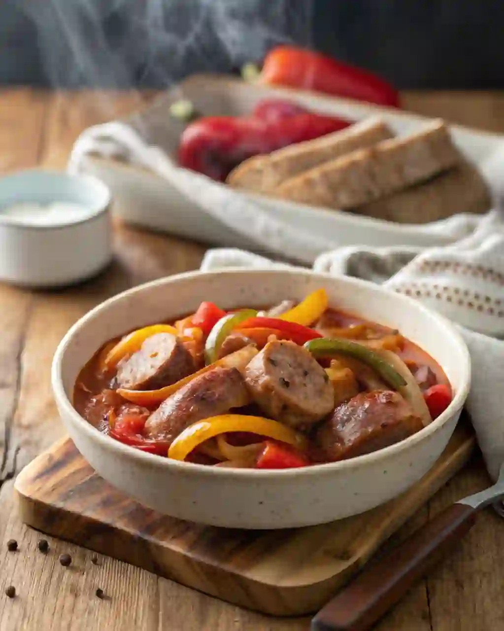 Bowl of Crockpot Sausage and Peppers with colorful bell peppers, onions, and sliced sausage in tomato sauce on a rustic wooden table