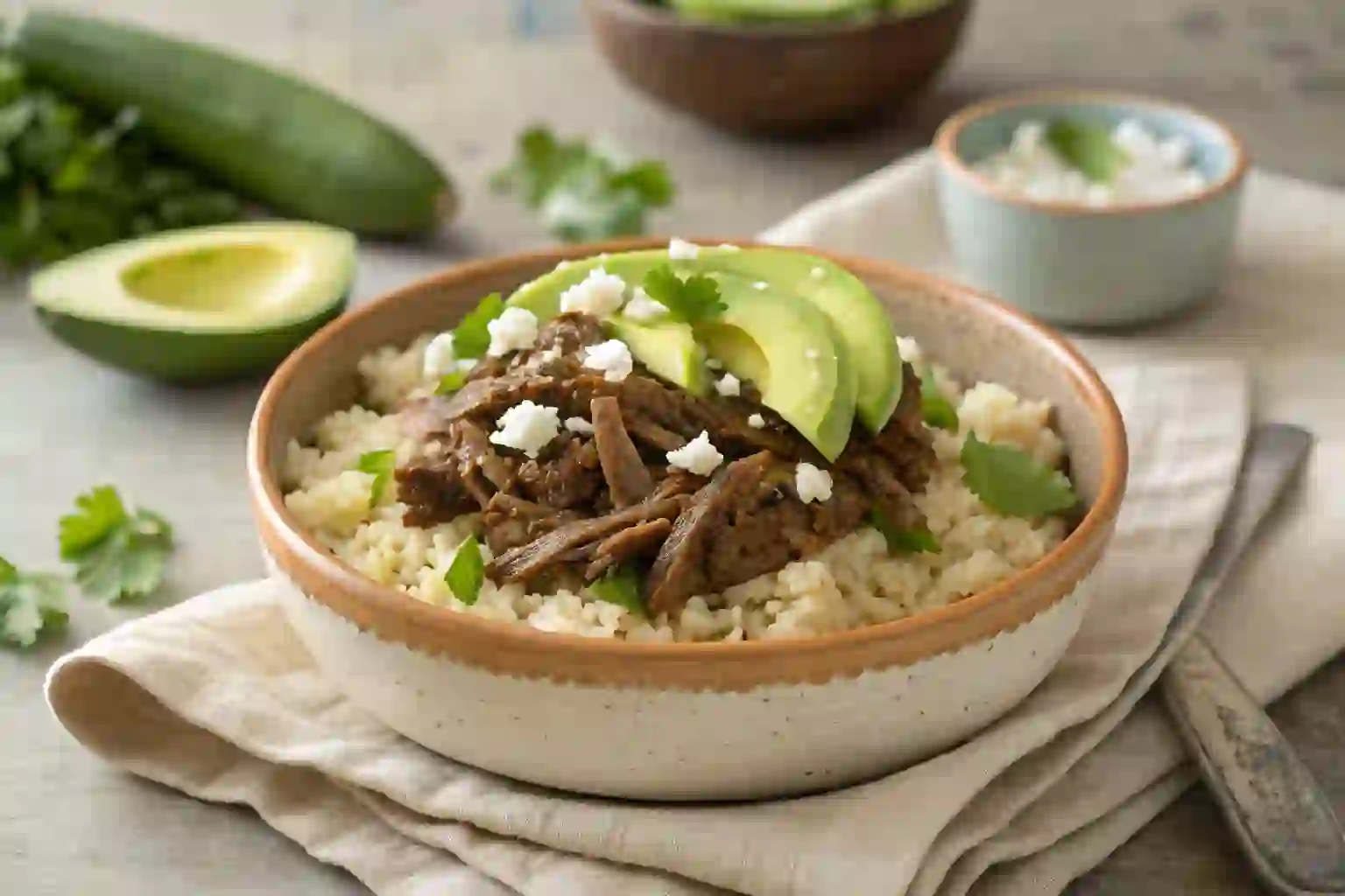 slow cooker beef and cauliflower rice bowl