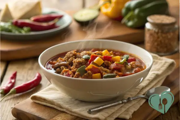 Diabetic-friendly slow cooked turkey chili in a bowl with colorful low-carb vegetables and steam rising, served warm for balanced blood sugar.