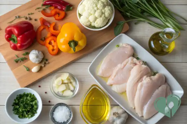 Low-carb meal prep ingredients for diabetic crockpot cooking including chicken breasts, cauliflower, bell peppers, garlic, and olive oil on a kitchen counter