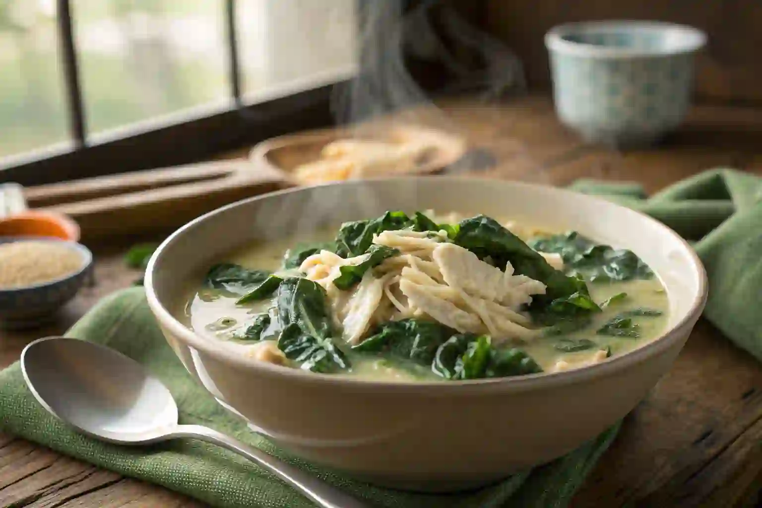 A warm bowl of Creamy Spinach Chicken Soup (Low Carb, Low Sodium) made with shredded chicken, spinach, and a light creamy broth.