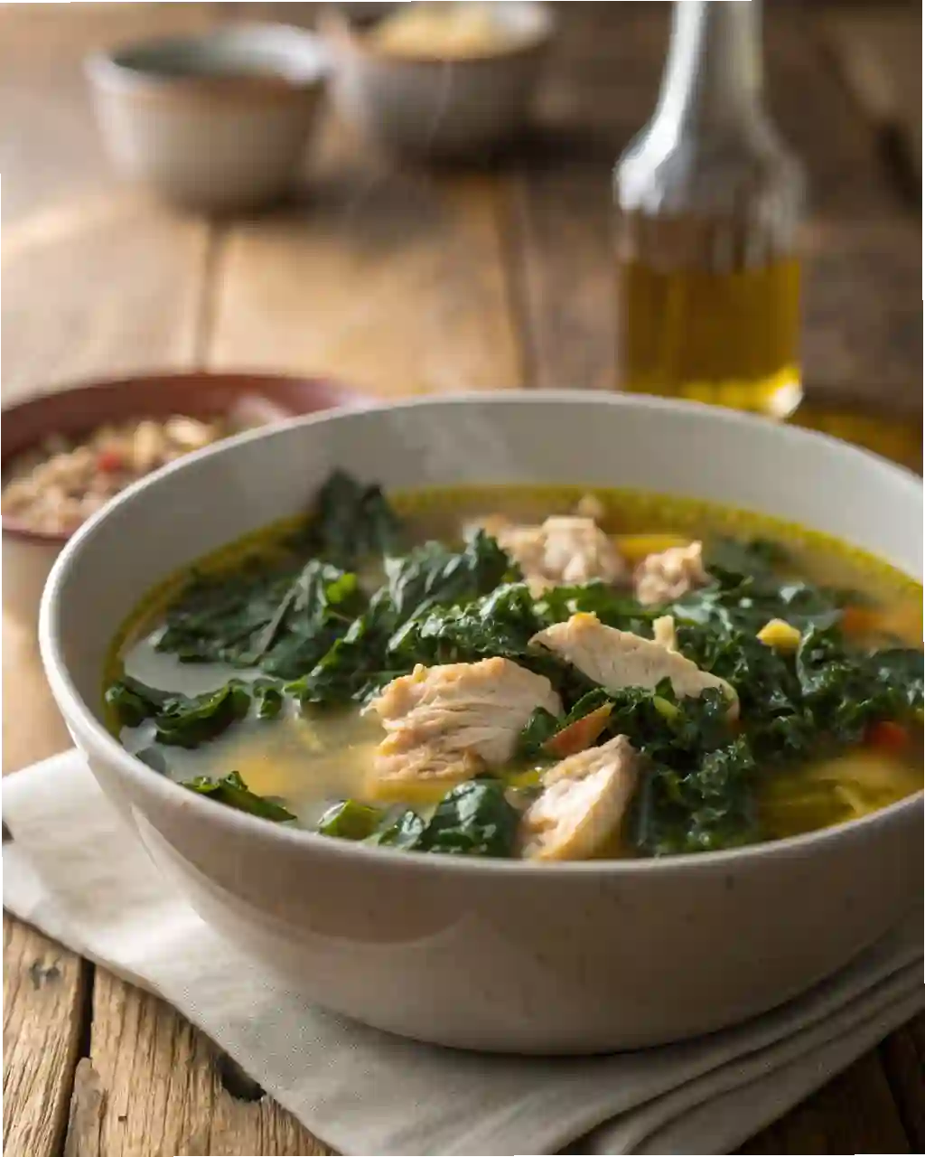 Warm bowl of low-carb chicken and kale soup with tender chicken pieces and dark green kale in golden broth on a rustic wooden table.