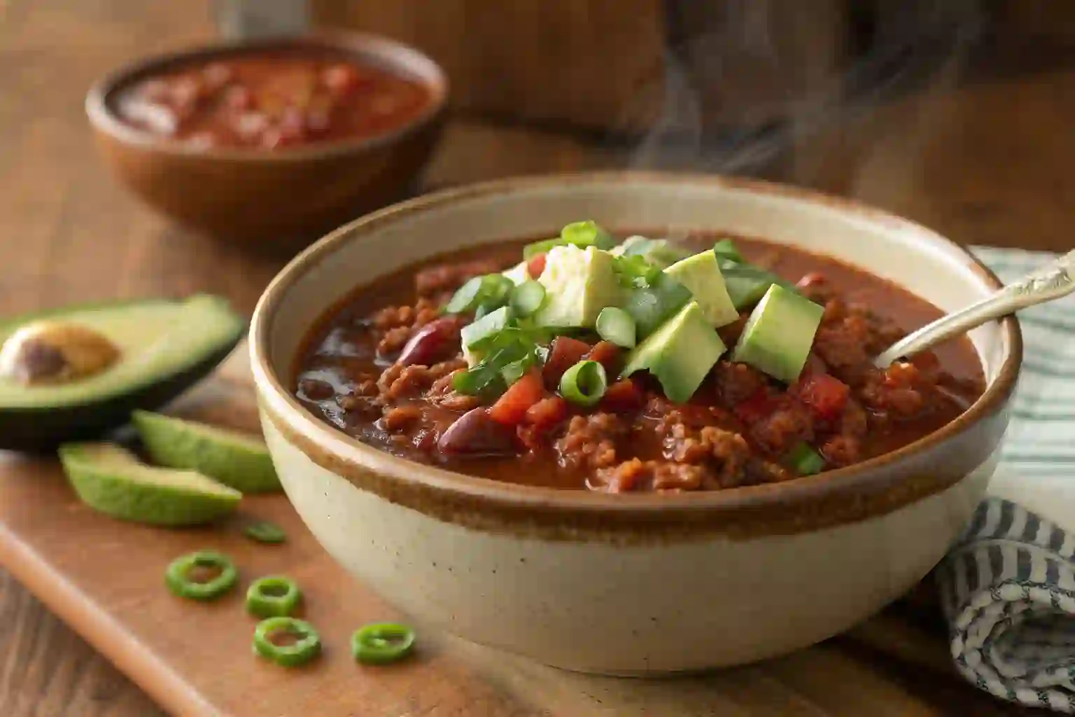 A bowl of crockpot turkey chili without beans topped with avocado and green onions on a wooden table by a window.