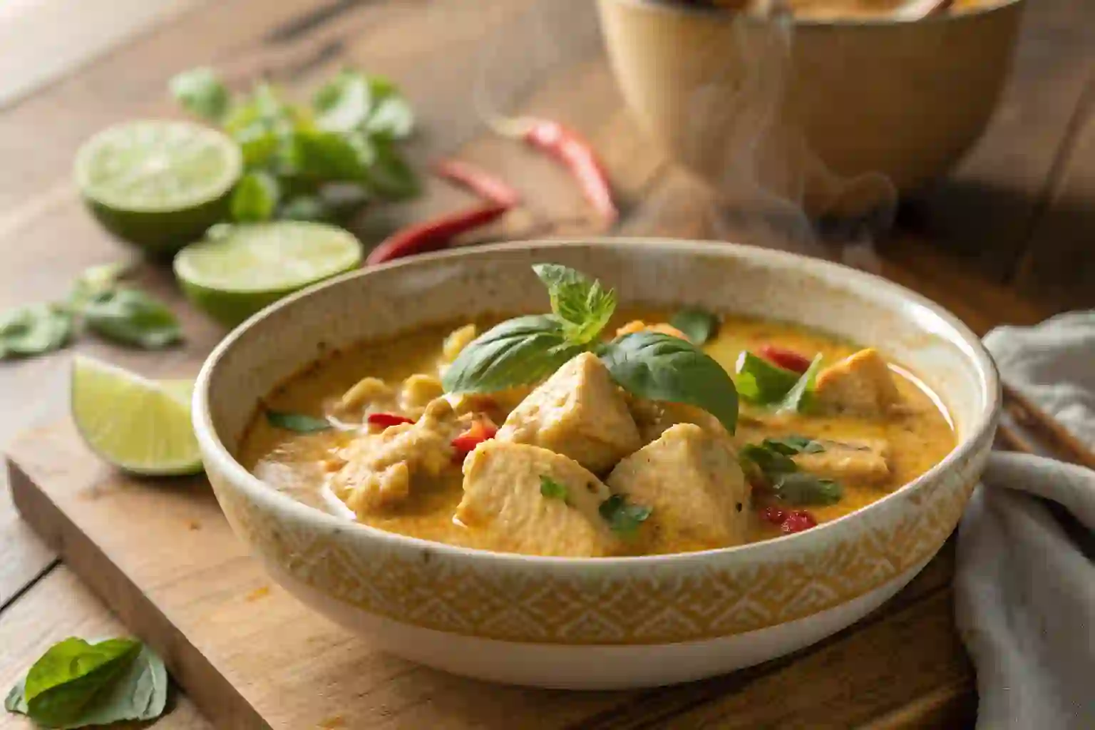 Bowl of Low-Carb Thai Coconut Chicken Curry with basil and lime