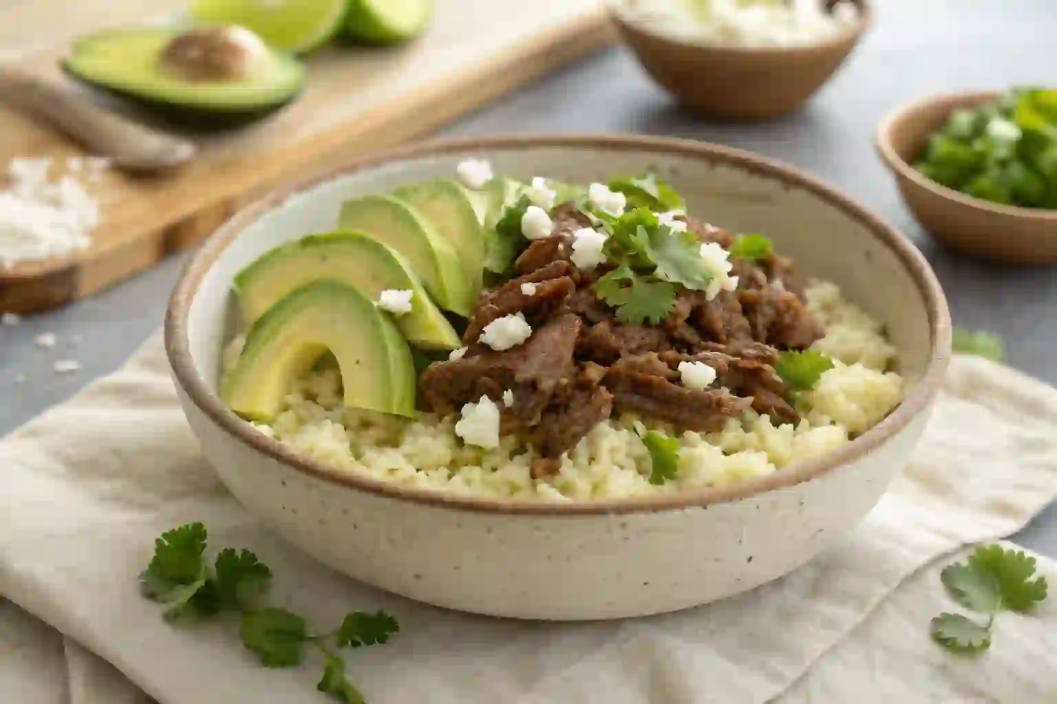 Healthy beef and cauliflower rice bowl garnished with avocado, cilantro, and feta
