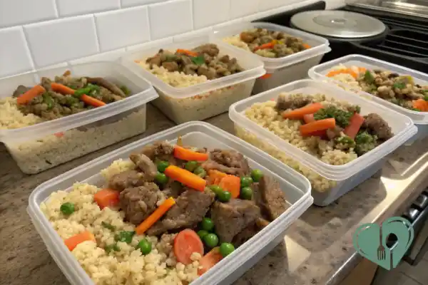 Slow cooker beef and cauliflower rice meal prep containers with carrots and peas, diabetic-friendly low-carb crockpot batch cooking.
