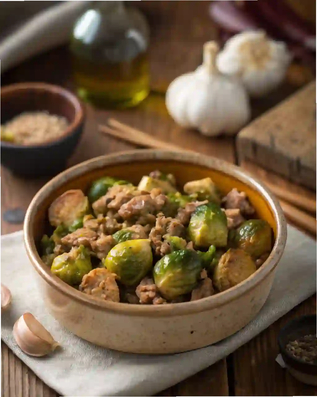 A rustic bowl of ground turkey and Brussels sprouts cooked in a slow cooker, topped with a light garlic and olive oil glaze, on a wooden table.