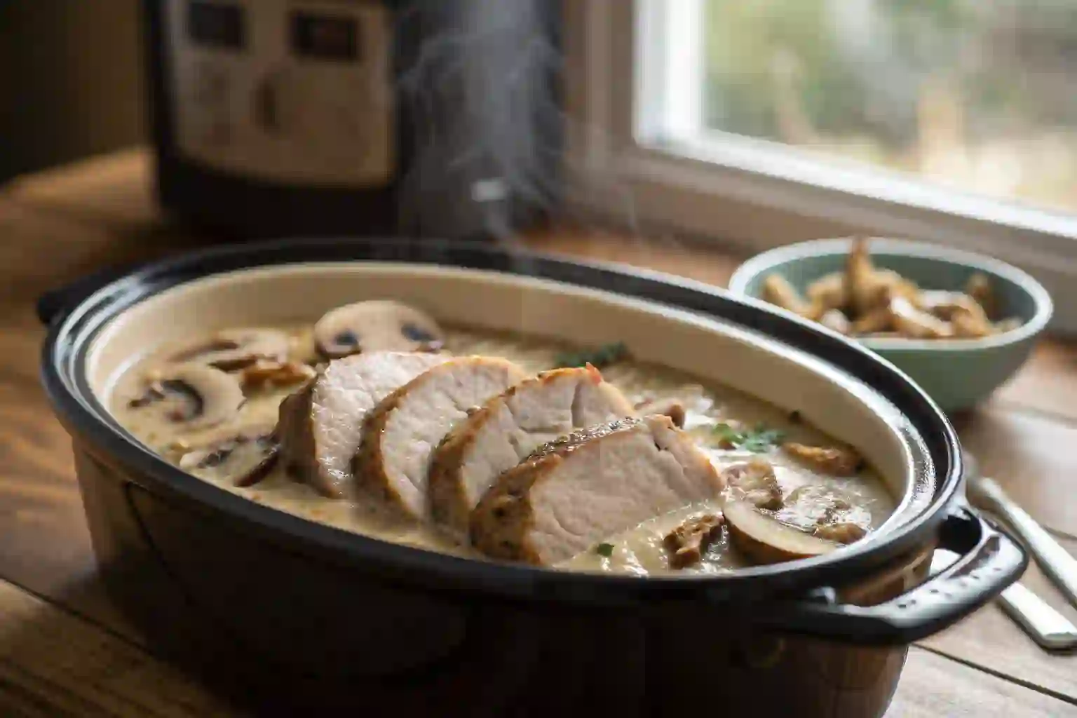Tender slices of Crockpot pork tenderloin in creamy mushroom sauce with steam rising from a slow cooker.