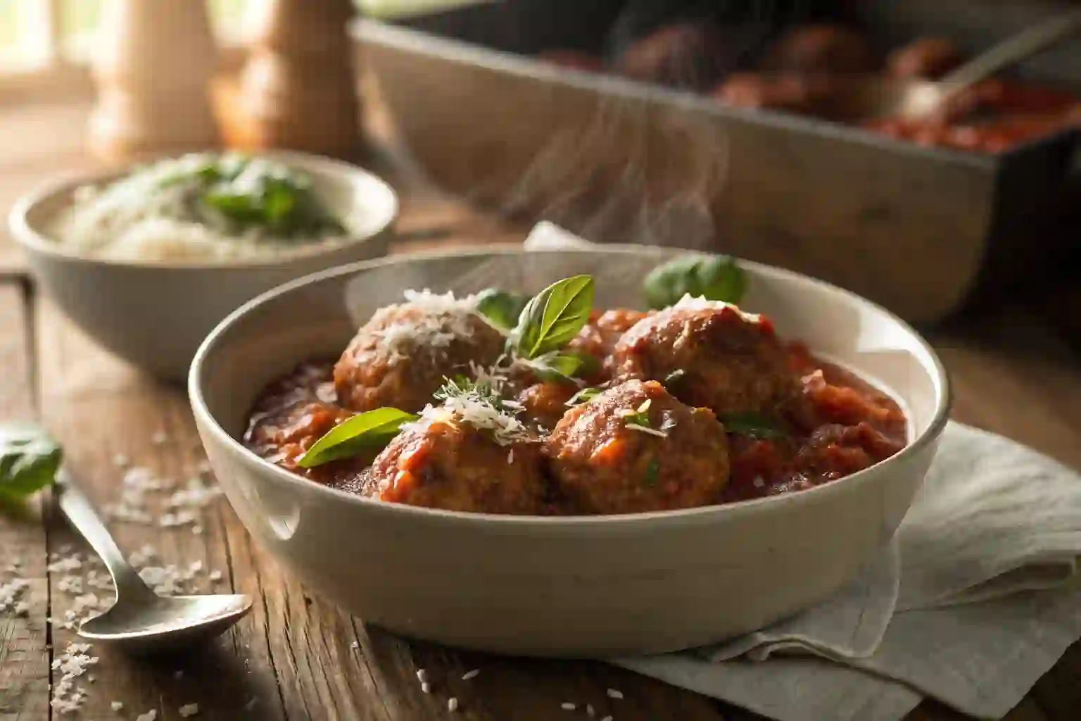 Bowl of homemade turkey meatballs in tomato sauce with basil and parmesan
