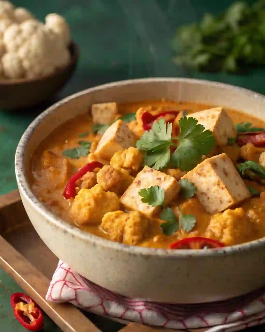 Bowl of vegetarian tofu and cauliflower curry with coconut milk, garnished with fresh cilantro and sliced red chili, served on a wooden tray.