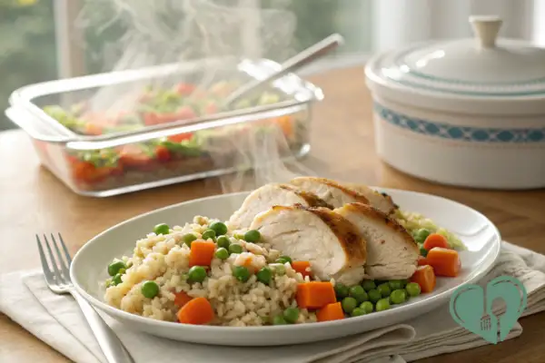Warm diabetic-friendly meal with grilled chicken, cauliflower rice, carrots, and peas served on a white plate with steam rising.