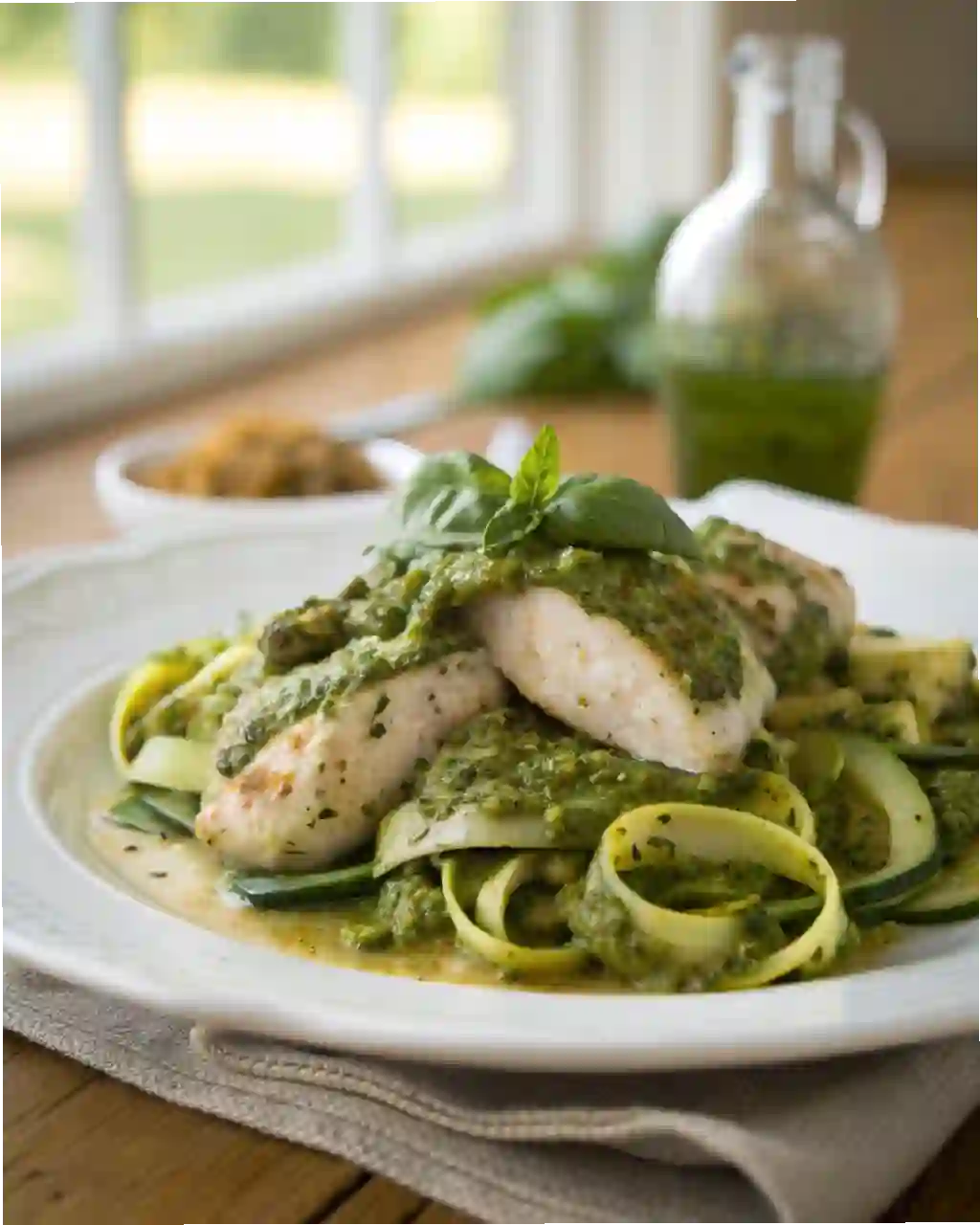 Crockpot Pesto Chicken with Zucchini served on a plate topped with fresh basil and creamy green pesto sauce