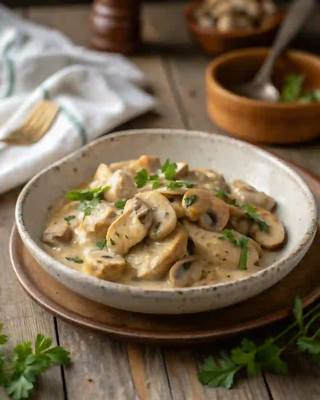 A cozy bowl of low-carb chicken stroganoff with tender chicken pieces and mushrooms in a creamy sauce, topped with fresh parsley on a rustic wooden table.