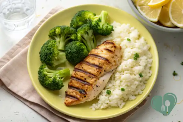 Low-carb high-protein diabetic meal with grilled chicken breast, steamed broccoli, and cauliflower rice on a yellow plate.