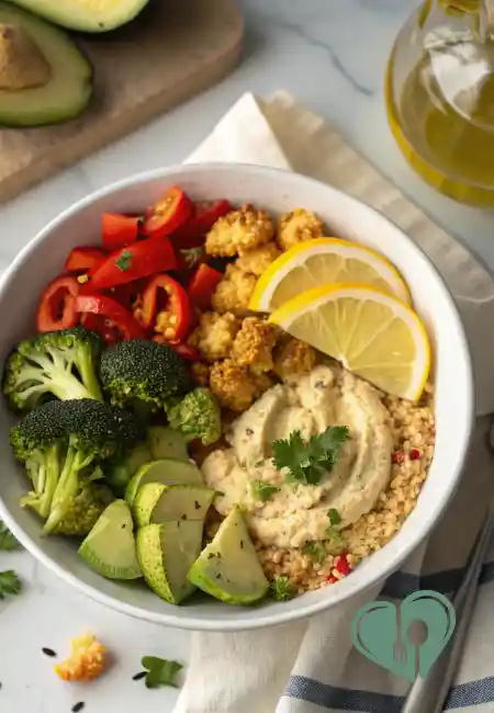 Bowl of lemon-roasted vegetables with quinoa, hummus, broccoli, red peppers, avocado slices, and lemon wedges, served in a white bowl.