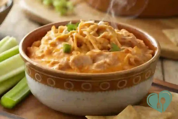 Buffalo chicken crockpot dip topped with melted cheese and green onions