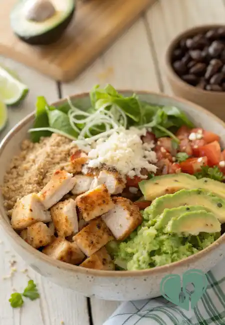 Quinoa burrito bowl with seasoned grilled chicken cubes, sliced avocado, pico de gallo, shredded cheese, greens, and guacamole in a ceramic bowl.