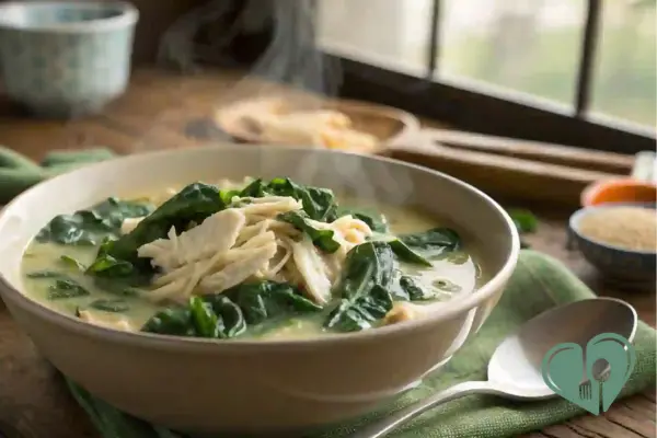 Creamy spinach chicken soup served warm in a bowl low carb and low sodium kidney-friendly recipe.