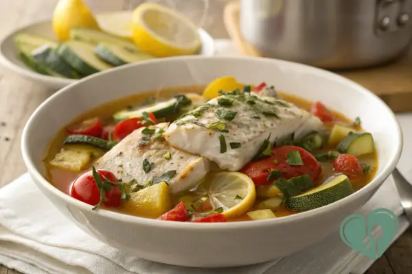 Crockpot fish stew with zucchini, tomatoes, lemon, and herbs a kidney-friendly low-sodium meal.