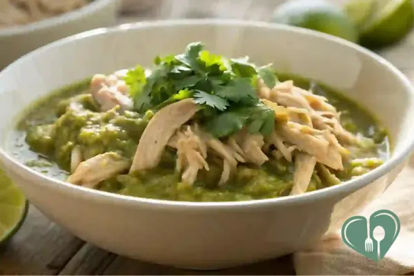 Bowl of shredded chicken in salsa verde sauce topped with fresh cilantro - a high-protein, low-carb crockpot meal ideal for diabetic-friendly weight loss.