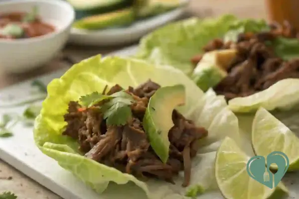 Low-carb shredded beef lettuce wraps with avocado slices, lime wedges, and cilantro - a fresh, diabetic-friendly crockpot meal.