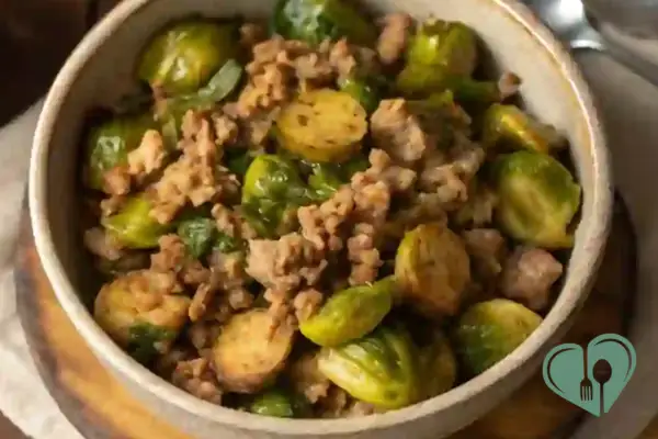 Bowl of crockpot ground turkey with Brussels sprouts, a budget-friendly low-carb diabetic meal idea.