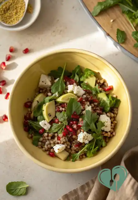 Yellow bowl filled with farro salad, arugula, avocado slices, pomegranate seeds, pistachios, and feta on a sunlit countertop.