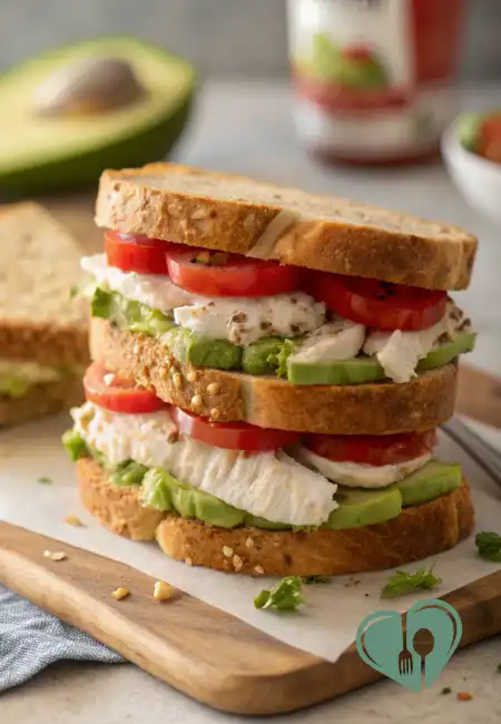 Fresh avocado, tomato, and sliced chicken sandwich stacked on whole-grain bread, served on a wooden cutting board with avocado and tomatoes in the background.