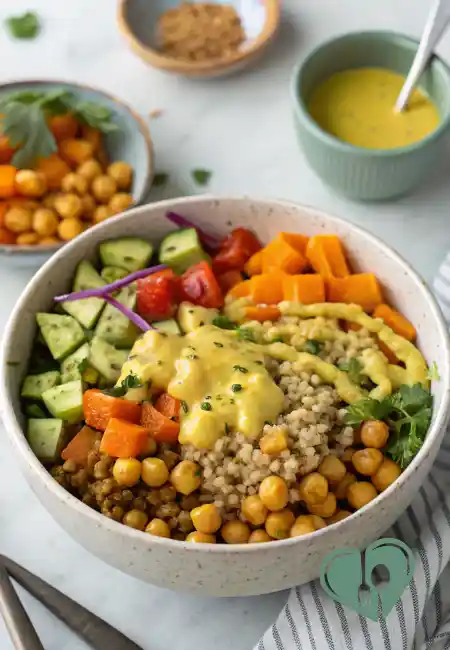 High-fiber grain bowl with chickpeas, diced cucumber, tomatoes, sweet potatoes, and turmeric dressing served in a ceramic bowl.