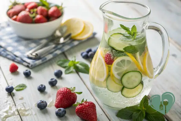 Cucumber lemon infused water with fresh berries and mint a refreshing kidney-friendly hydration choice.
