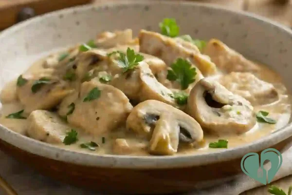 Low-carb chicken and mushroom stroganoff in a creamy sauce, garnished with parsley rich, tender, and diabetic-friendly.