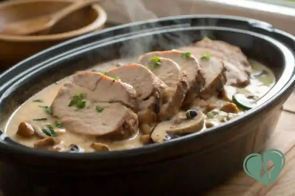 Crockpot pork tenderloin simmering in creamy mushroom sauce, steaming and ready to serve - perfect for low-carb batch cooking.