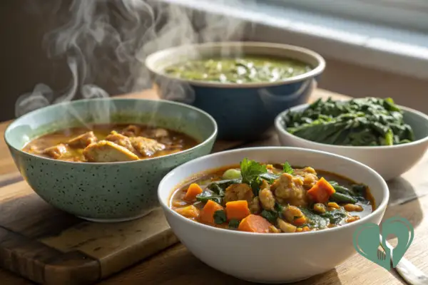 Three bowls of low-carb, high-protein crockpot meals for diabetics - chicken stew, vegetable curry, and spinach soup, served warm with steam rising.