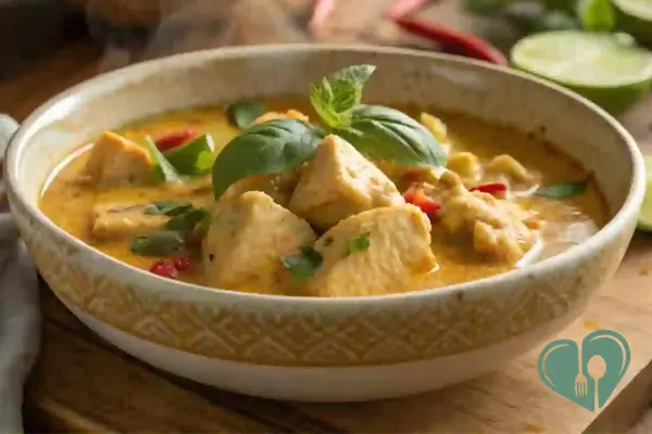 Low-carb Thai coconut chicken curry served in a ceramic bowl with basil leaves creamy, colorful, and diabetic-friendly.